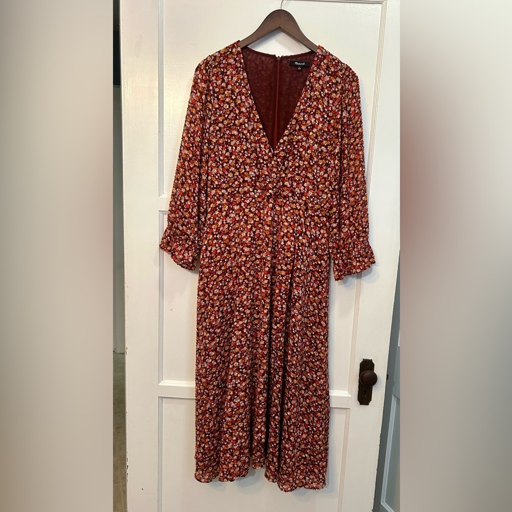 Madewell Long Sleeve Crossover Midi Dress Clipdot Spring Prairie Size 12 - Picture 2 of 6